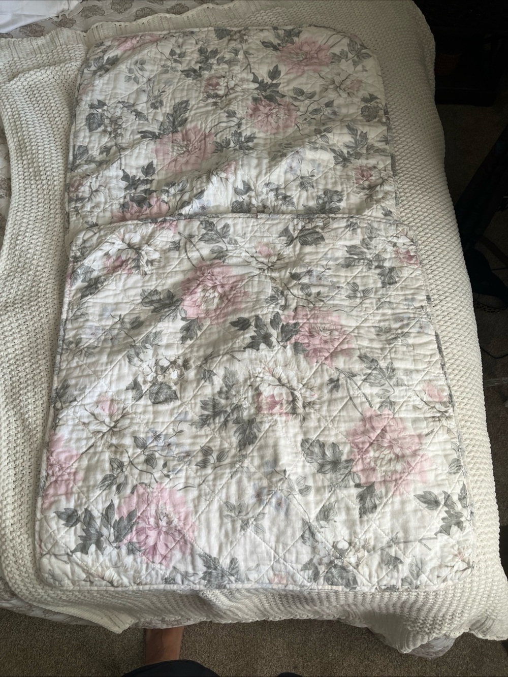 2 Shabby Chic Floral Quilted Pillow Shams Set Queen 26x26 inches Linen Cotton